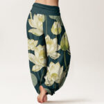 Buddha Stones Casual Lotus Flowers Pod Pattern Women's Elastic Waist Harem Pants - image 3