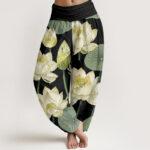 Buddha Stones Casual Lotus Flowers Pod Pattern Women's Elastic Waist Harem Pants - Black - US22，UK/AU26，EU54 (6XL) - image 5