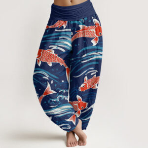 Buddha Stones Casual Wave Koi Pattern Women's Elastic Waist Harem Pants - Navy - US22，UK/AU26，EU54 (6XL) - image 1