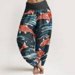Buddha Stones Casual Wave Koi Pattern Women's Elastic Waist Harem Pants - Black - US22，UK/AU26，EU54 (6XL) - image 5