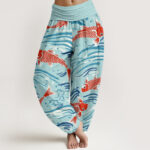 Buddha Stones Casual Wave Koi Pattern Women's Elastic Waist Harem Pants - Turquoise - US22，UK/AU26，EU54 (6XL) - image 8