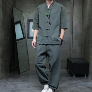 Buddha Stones 2Pcs Tang Suit Frog-Button Design Shirt Pants With Pockets Men's Cotton Linen Meditation Cloth Set