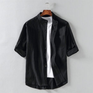 Buddha Stones Summer Solid Men's Buttons Half Sleeve Cotton Linen Shirt