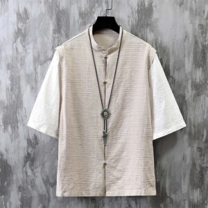Buddha Stones Summer Patchwork Color Design Men's Half Sleeve Cotton Linen Shirt
