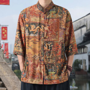 Buddha Stones Dragon Auspicious Clouds Green Mountains Chinese Frog-Button Men's Half Sleeve Cotton Linen Shirt