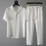 Buddha Stones 2Pcs Solid Color Wrinkle V-Neck Short Sleeve T-shirt Pants Clothing Men's Set - White - US/UK/AU46，EU56 (5XL) - image 8