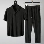 Buddha Stones 2Pcs Solid Color Wrinkle V-Neck Short Sleeve T-shirt Pants Clothing Men's Set - Black - US/UK/AU46，EU56 (5XL) - image 1