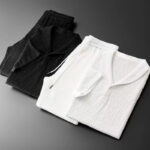 Buddha Stones 2Pcs Solid Color Wrinkle V-Neck Short Sleeve T-shirt Pants Clothing Men's Set - image 18