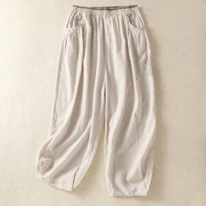 Buddha Stones Vintage Commute Solid Color Simple Design 7-8 Length High Waist Women's Harem Cotton Linen Pants With Pockets - Beige - US12，UK/AU16，EU44 (2XL) - image 1