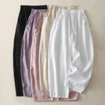 Buddha Stones Summer Daily Solid Color Elastic Waistband Design Women's Wide Leg S Cotton Linen Pants With Pockets - image 27