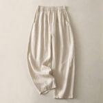 Buddha Stones Summer Daily Solid Color Elastic Waistband Design Women's Wide Leg S Cotton Linen Pants With Pockets - Beige - US12，UK/AU16，EU44 (2XL) - image 1