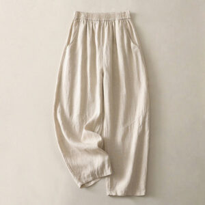 Buddha Stones Summer Daily Solid Color Elastic Waistband Design Women's Wide Leg S Cotton Linen Pants With Pockets - Beige - US12，UK/AU16，EU44 (2XL) - image 1