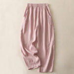 Buddha Stones Summer Daily Solid Color Elastic Waistband Design Women's Wide Leg S Cotton Linen Pants With Pockets - LightCoral - US12，UK/AU16，EU44 (2XL) - image 9