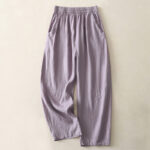 Buddha Stones Summer Daily Solid Color Elastic Waistband Design Women's Wide Leg S Cotton Linen Pants With Pockets - MediumPurple - US12，UK/AU16，EU44 (2XL) - image 5