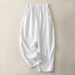 Buddha Stones Summer Daily Solid Color Elastic Waistband Design Women's Wide Leg S Cotton Linen Pants With Pockets - image 14