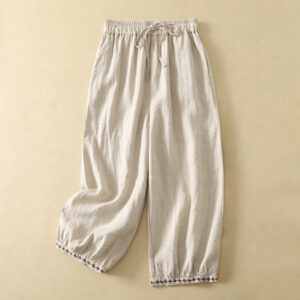 Buddha Stones Casual Retro Drawstring Embroidery Design Women's Cotton Linen 7-8 Length Pants With Pockets - Linen - US12，UK/AU16，EU44 (2XL) - image 1