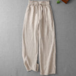 Buddha Stones Casual High Waist Ruffled Drawstring Design Women's Wide Leg Cotton Pants With Pockets - Linen - US12，UK/AU16，EU44 (2XL) - image 1