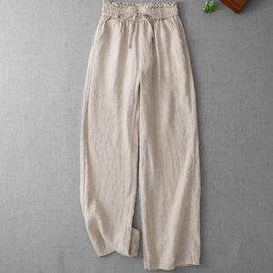 Buddha Stones Casual High Waist Ruffled Drawstring Design Women's Wide Leg Cotton Pants With Pockets - Linen - US12，UK/AU16，EU44 (2XL) - image 1