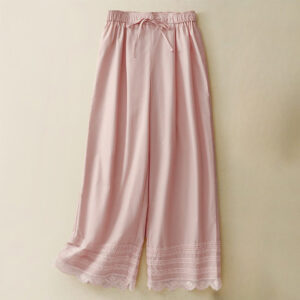 Buddha Stones Commute Plain Lace Patchwork Drawstring Design Women's Wide Leg Cotton Ankle-Length Pants With Pockets - LightPink - US12，UK/AU16，EU44 (2XL) - image 1