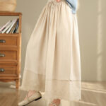 Buddha Stones Spring Embroidery Lace Hem Patchwork Drawstring Design Women's Wide Leg Cotton Pants With Pockets - image 3