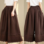 Buddha Stones Spring Embroidery Lace Hem Patchwork Drawstring Design Women's Wide Leg Cotton Pants With Pockets - image 18