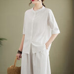 Buddha Stones 2Pcs Casual Solid Color Button Design Half Sleeve Shirt Wide Leg Pants With Pockets Cotton Zen Clothing Women's Set - image 5