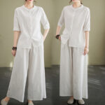Buddha Stones 2Pcs Casual Solid Color Button Design Half Sleeve Shirt Wide Leg Pants With Pockets Cotton Zen Clothing Women's Set - image 8