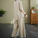 Buddha Stones 2Pcs Casual Solid Color Button Design Half Sleeve Shirt Wide Leg Pants With Pockets Cotton Zen Clothing Women's Set - image 19