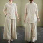 Buddha Stones 2Pcs Casual Solid Color Button Design Half Sleeve Shirt Wide Leg Pants With Pockets Cotton Zen Clothing Women's Set - image 30