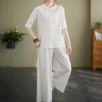 Buddha Stones 2Pcs Casual Solid Color Button Design Half Sleeve Shirt Wide Leg Pants With Pockets Cotton Zen Clothing Women's Set - image 4