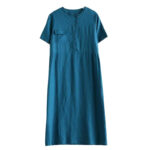 Buddha Stones Summer Plain Stand Collar Buttons Design Linen Midi Dress With Pockets - image 27