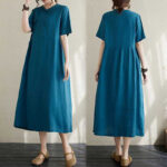 Buddha Stones Summer Plain Stand Collar Buttons Design Linen Midi Dress With Pockets - image 26