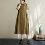 Buddha Stones Summer Plain Stand Collar Buttons Design Linen Midi Dress With Pockets - OliveDrab - US8-10，UK/AU12-14，EU40-42 (2XL) - image 7