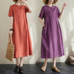 Buddha Stones Summer Plain Stand Collar Buttons Design Linen Midi Dress With Pockets - image 6