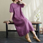 Buddha Stones Summer Plain Stand Collar Buttons Design Linen Midi Dress With Pockets - image 3