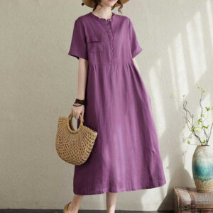 Buddha Stones Summer Plain Stand Collar Buttons Design Linen Midi Dress With Pockets - DarkOrchid - US8-10，UK/AU12-14，EU40-42 (2XL) - image 1