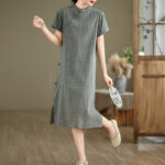 Buddha Stones Spring Plaid Pattern Stand Collar Chinese Frog-Button Design Cotton Linen Improved Cheongsam Midi Dress - image 13
