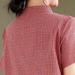 Buddha Stones Spring Plaid Pattern Stand Collar Chinese Frog-Button Design Cotton Linen Improved Cheongsam Midi Dress - image 6