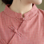 Buddha Stones Spring Plaid Pattern Stand Collar Chinese Frog-Button Design Cotton Linen Improved Cheongsam Midi Dress - image 5
