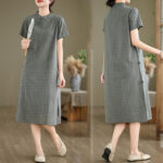 Buddha Stones Spring Plaid Pattern Stand Collar Chinese Frog-Button Design Cotton Linen Improved Cheongsam Midi Dress - image 14