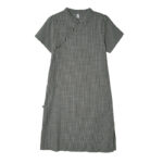 Buddha Stones Spring Plaid Pattern Stand Collar Chinese Frog-Button Design Cotton Linen Improved Cheongsam Midi Dress - image 15