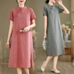 Buddha Stones Spring Plaid Pattern Stand Collar Chinese Frog-Button Design Cotton Linen Improved Cheongsam Midi Dress - image 16
