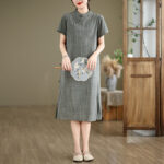 Buddha Stones Spring Plaid Pattern Stand Collar Chinese Frog-Button Design Cotton Linen Improved Cheongsam Midi Dress - Gray - US8-10，UK/AU12-14，EU40-42 (2XL) - image 10