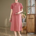 Buddha Stones Spring Plaid Pattern Stand Collar Chinese Frog-Button Design Cotton Linen Improved Cheongsam Midi Dress - Salmon - US8-10，UK/AU12-14，EU40-42 (2XL) - image 1