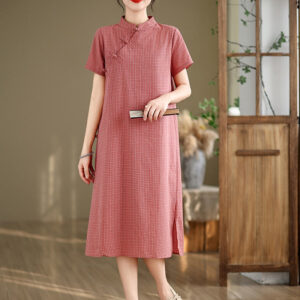 Buddha Stones Spring Plaid Pattern Stand Collar Chinese Frog-Button Design Cotton Linen Improved Cheongsam Midi Dress - Salmon - US8-10，UK/AU12-14，EU40-42 (2XL) - image 1