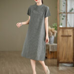 Buddha Stones Spring Plaid Pattern Stand Collar Chinese Frog-Button Design Cotton Linen Improved Cheongsam Midi Dress - image 12