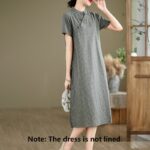 Buddha Stones Spring Plaid Pattern Stand Collar Chinese Frog-Button Design Cotton Linen Improved Cheongsam Midi Dress - image 11