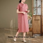 Buddha Stones Spring Plaid Pattern Stand Collar Chinese Frog-Button Design Cotton Linen Improved Cheongsam Midi Dress - image 2