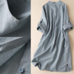Buddha Stones Vintage Casual Plain Buttons Design Long Sleeve Stand Collar Cotton Linen Maxi Dress With Pockets - image 9