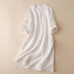 Buddha Stones Vintage Casual Plain Buttons Design Long Sleeve Stand Collar Cotton Linen Maxi Dress With Pockets - FloralWhite - US12，UK/AU16，EU44 (2XL) - image 10